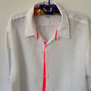 Le Club White 100% Linen Shirt w/ Neon Pink trim, button down, size XXL